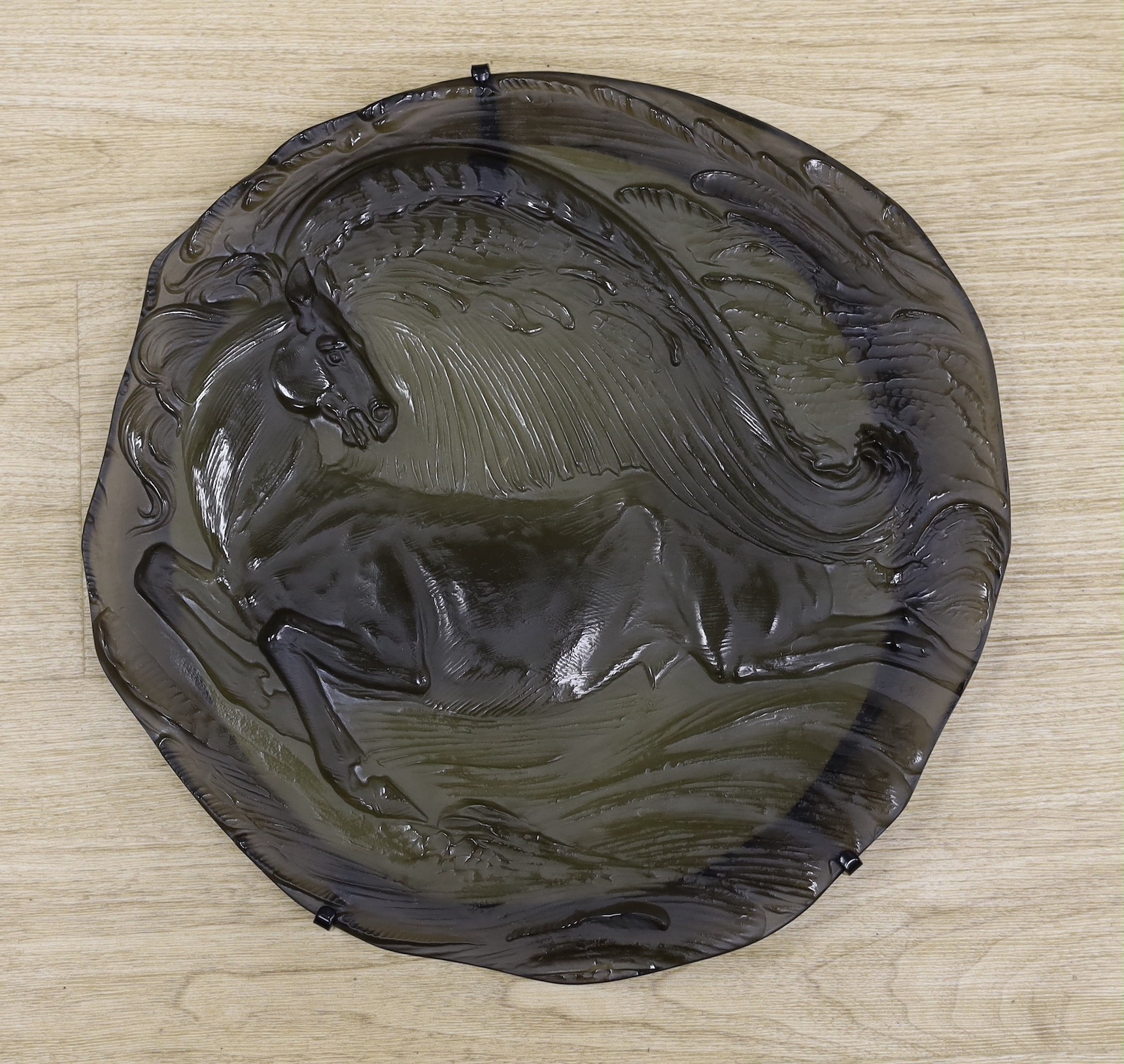 An Ernst Fuchs for Rosenthal limited edition glass 'Peguses' plaque, in original box. 42cm across